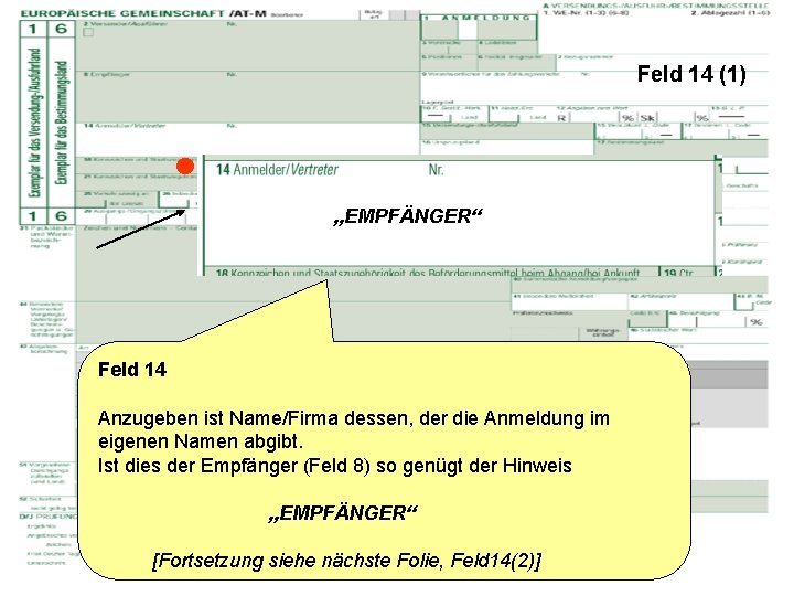Feld 14 (1) „EMPFÄNGER“ Feld 14 Anzugeben ist Name/Firma dessen, der die Anmeldung im