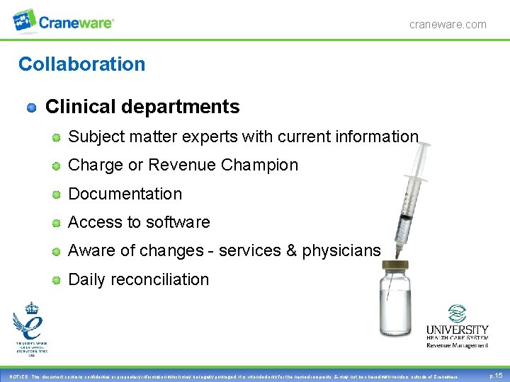 craneware. com Collaboration Clinical departments Subject matter experts with current information Charge or Revenue