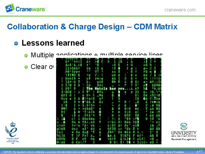craneware. com Collaboration & Charge Design – CDM Matrix Lessons learned Multiple applications +