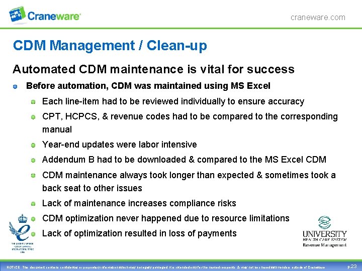 craneware. com CDM Management / Clean-up Automated CDM maintenance is vital for success Before