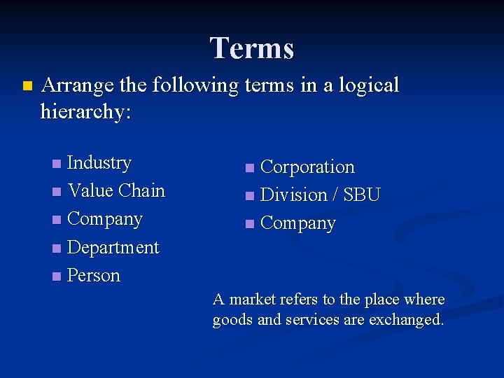 Terms n Arrange the following terms in a logical hierarchy: Industry n Value Chain