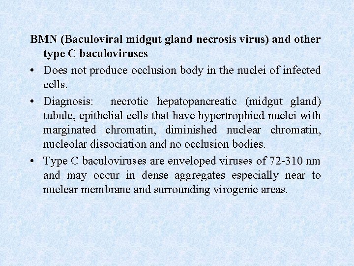 BMN (Baculoviral midgut gland necrosis virus) and other type C baculoviruses • Does not