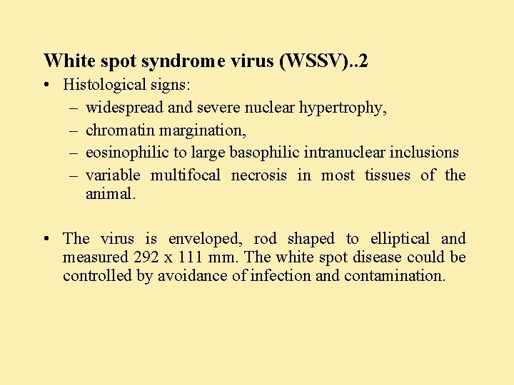 White spot syndrome virus (WSSV). . 2 • Histological signs: – widespread and severe