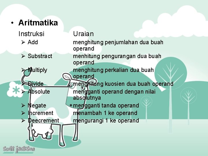 • Aritmatika Instruksi Ø Add Ø Substract Ø Multiply Ø Divide Ø Absolute