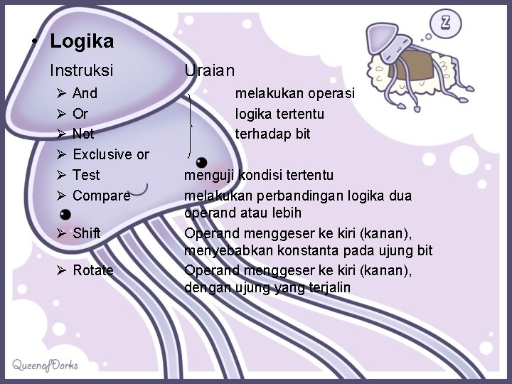  • Logika Instruksi Ø Ø Ø And Or Not Exclusive or Test Compare