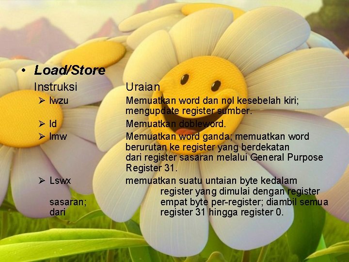  • Load/Store Instruksi Ø lwzu Ø ld Ø lmw Ø Lswx sasaran; dari