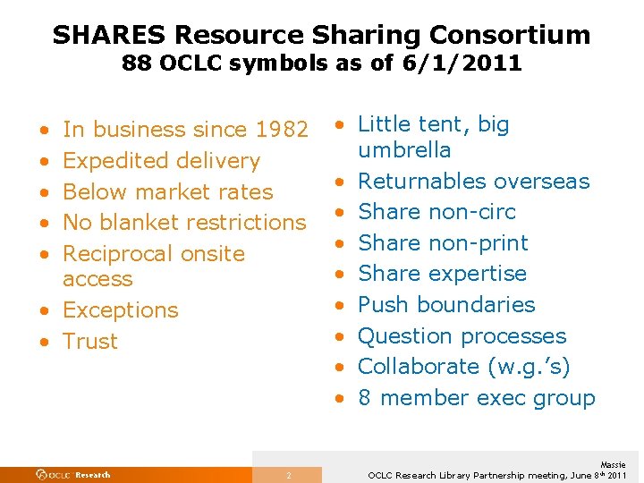 SHARES Resource Sharing Consortium 88 OCLC symbols as of 6/1/2011 • • • In SHARES Resource Sharing Consortium 88 OCLC symbols as of 6/1/2011 • • • In