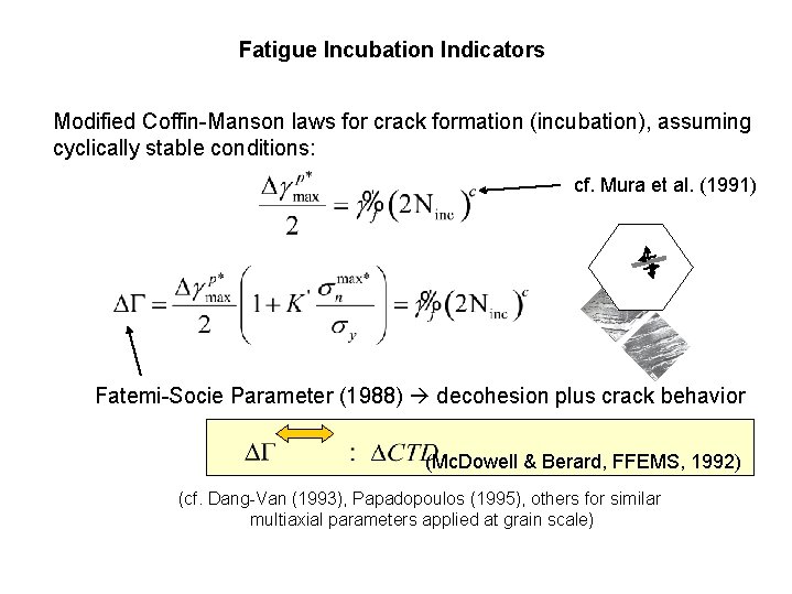 Fatigue Incubation Indicators Modified Coffin-Manson laws for crack formation (incubation), assuming cyclically stable conditions: Fatigue Incubation Indicators Modified Coffin-Manson laws for crack formation (incubation), assuming cyclically stable conditions: