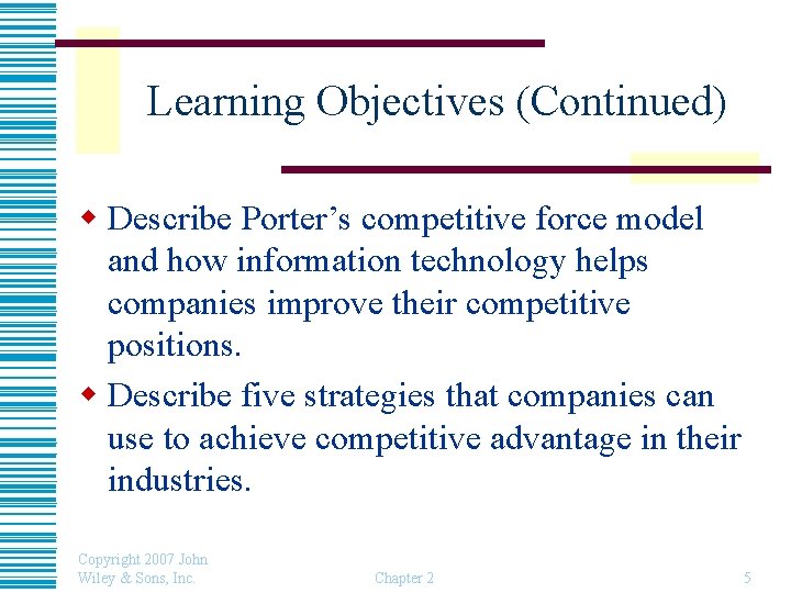 Learning Objectives (Continued) w Describe Porter’s competitive force model and how information technology helps