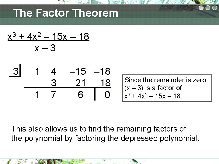 The Factor Theorem x 3 + 4 x 2 – 15 x – 18 The Factor Theorem x 3 + 4 x 2 – 15 x – 18