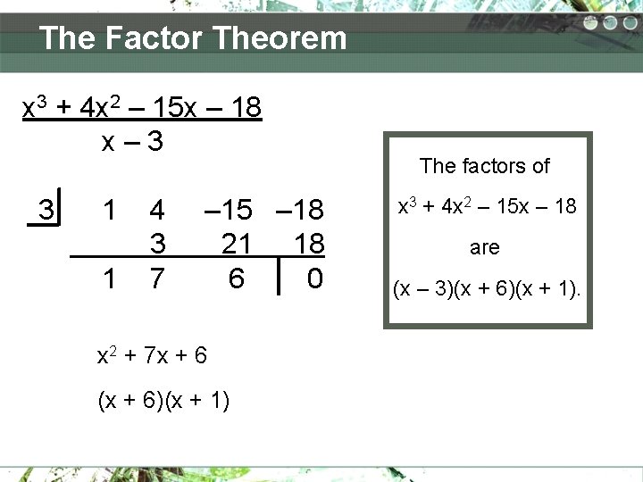 The Factor Theorem x 3 + 4 x 2 – 15 x – 18 The Factor Theorem x 3 + 4 x 2 – 15 x – 18
