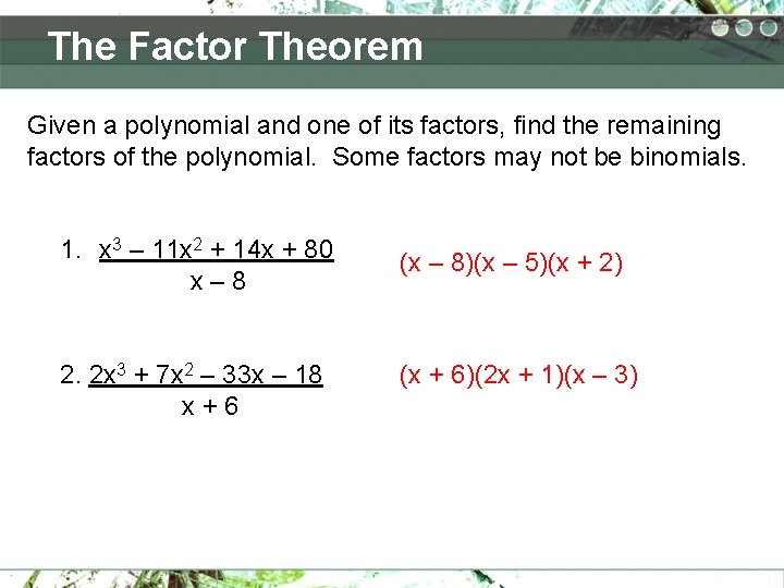 The Factor Theorem Given a polynomial and one of its factors, find the remaining The Factor Theorem Given a polynomial and one of its factors, find the remaining
