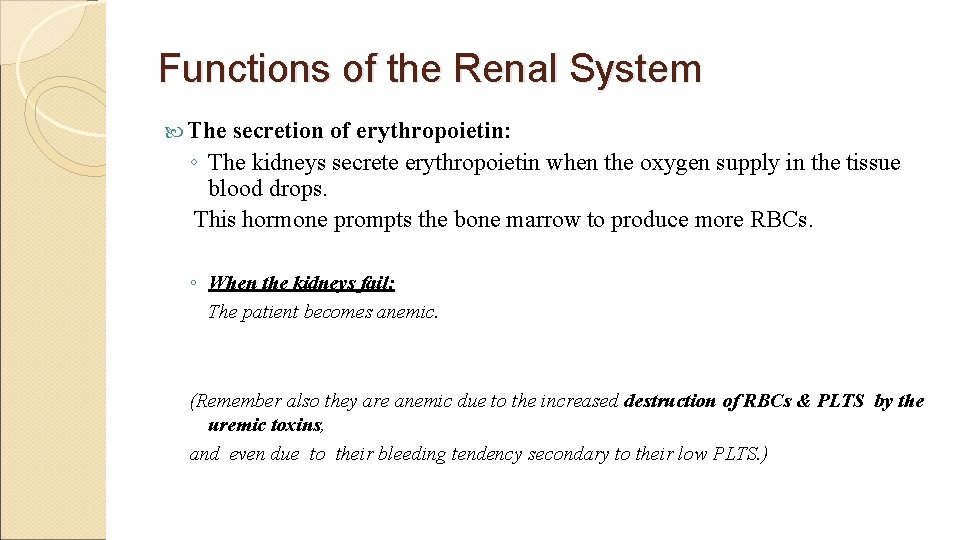Functions of the Renal System The secretion of erythropoietin: ◦ The kidneys secrete erythropoietin