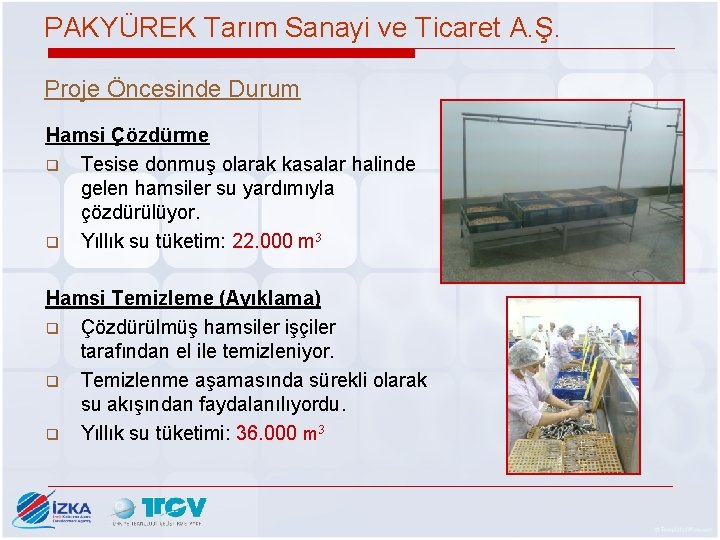 PAKYÜREK Tarım Sanayi ve Ticaret A. Ş. Proje Öncesinde Durum Hamsi Çözdürme q Tesise
