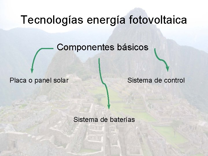 Tecnologías energía fotovoltaica Componentes básicos Placa o panel solar Sistema de control Sistema de