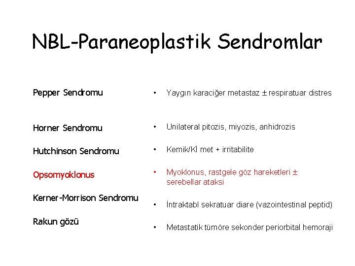 NBL-Paraneoplastik Sendromlar Pepper Sendromu • Yaygın karaciğer metastaz respiratuar distres Horner Sendromu • Unilateral