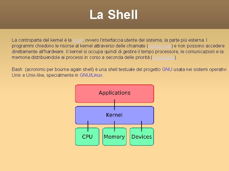 La Shell La controparte del kernel è la shell, ovvero l'interfaccia utente del sistema,