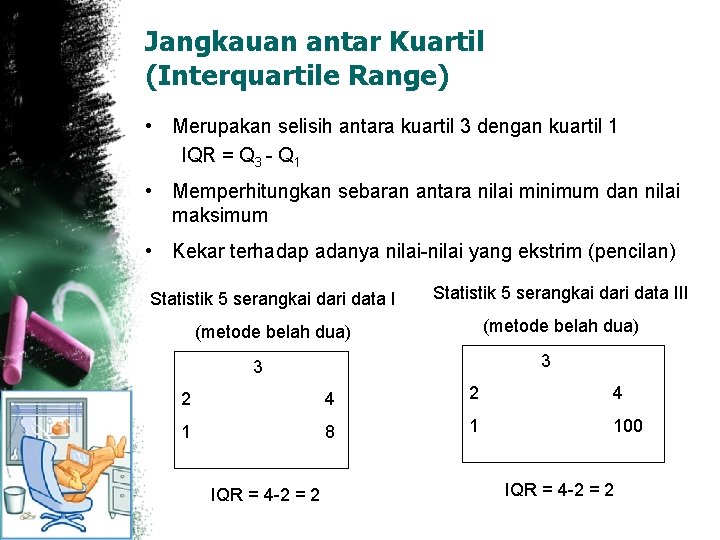 Jangkauan antar Kuartil (Interquartile Range) • Merupakan selisih antara kuartil 3 dengan kuartil 1