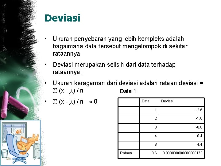 Deviasi • Ukuran penyebaran yang lebih kompleks adalah bagaimana data tersebut mengelompok di sekitar