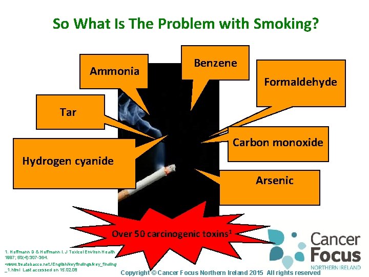 So What Is The Problem with Smoking? Ammonia Benzene Formaldehyde Tar Carbon monoxide Hydrogen