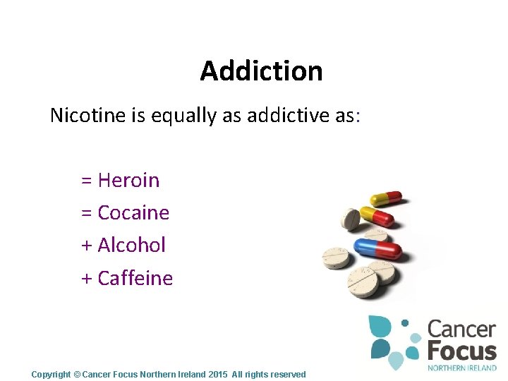 Addiction Nicotine is equally as addictive as: = Heroin = Cocaine + Alcohol +