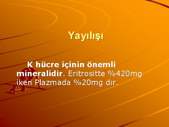 Yayılışı K hücre içinin önemli mineralidir. Eritrositte %420 mg iken Plazmada %20 mg dır.