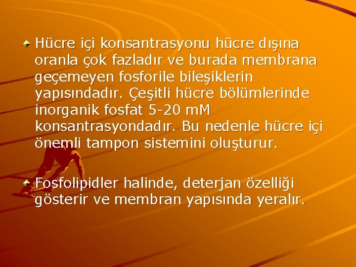 Hücre içi konsantrasyonu hücre dışına oranla çok fazladır ve burada membrana geçemeyen fosforile bileşiklerin