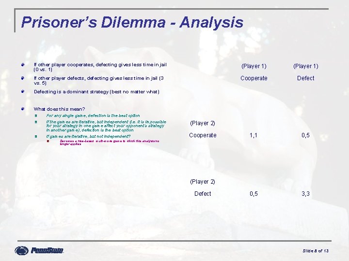 Prisoner’s Dilemma - Analysis If other player cooperates, defecting gives less time in jail