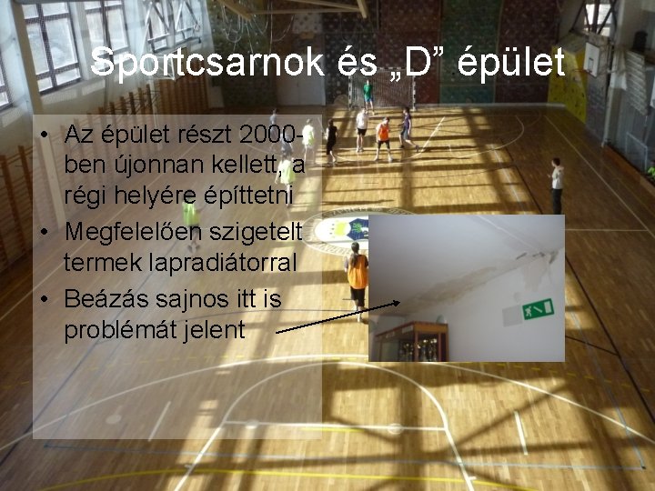 Sportcsarnok és „D” épület • Az épület részt 2000 ben újonnan kellett, a régi