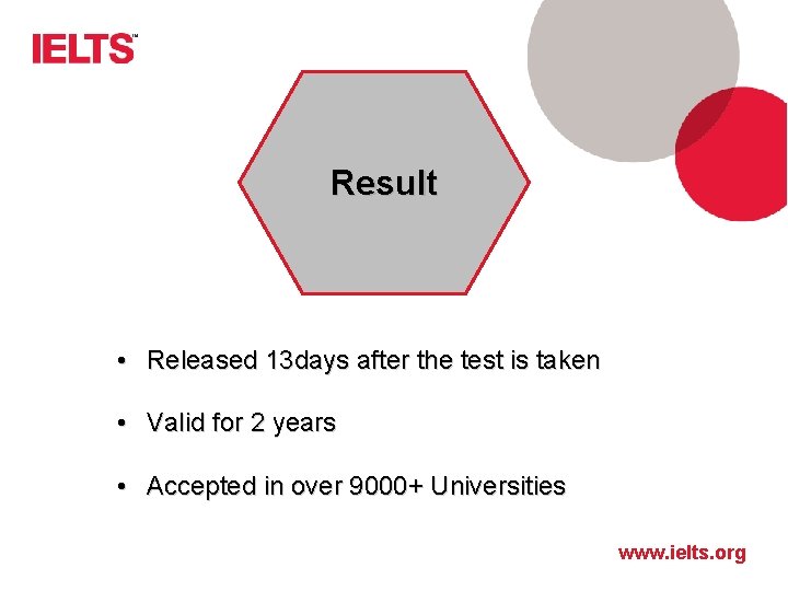 Result • Released 13 days after the test is taken • Valid for 2