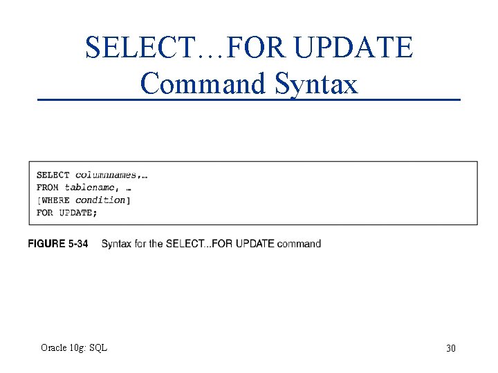 SELECT…FOR UPDATE Command Syntax Oracle 10 g: SQL 30 SELECT…FOR UPDATE Command Syntax Oracle 10 g: SQL 30
