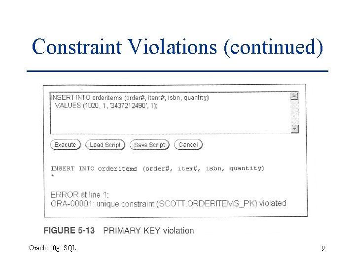 Constraint Violations (continued) Oracle 10 g: SQL 9 Constraint Violations (continued) Oracle 10 g: SQL 9