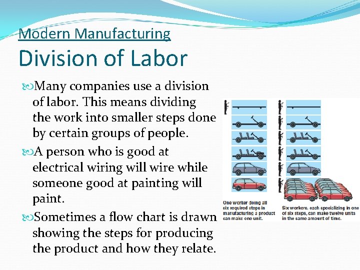 Modern Manufacturing Division of Labor Many companies use a division of labor. This means