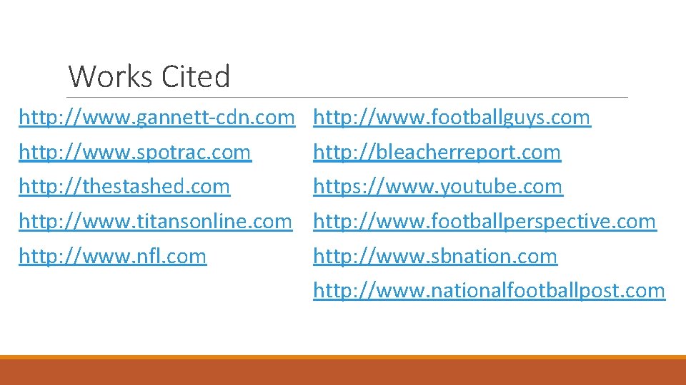 Works Cited http: //www. gannett-cdn. com http: //www. footballguys. com http: //www. spotrac. com