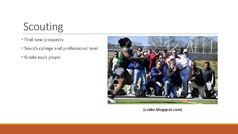 Scouting • Find new prospects • Search college and professional level • Grade each