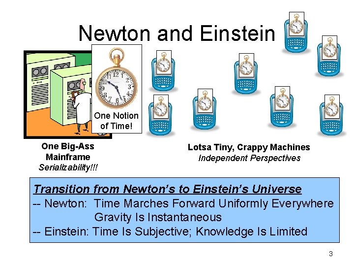 Newton and Einstein One Notion of Time! One Big-Ass Mainframe Serializability!!! Lotsa Tiny, Crappy