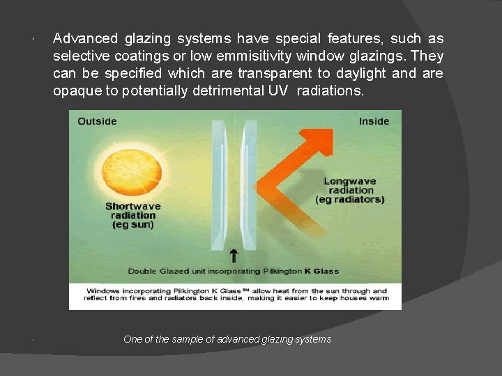  Advanced glazing systems have special features, such as selective coatings or low emmisitivity