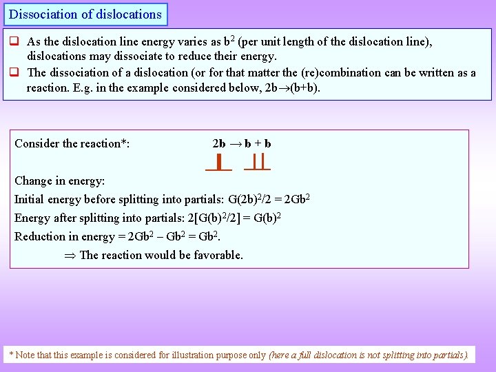 Dissociation of dislocations q As the dislocation line energy varies as b 2 (per