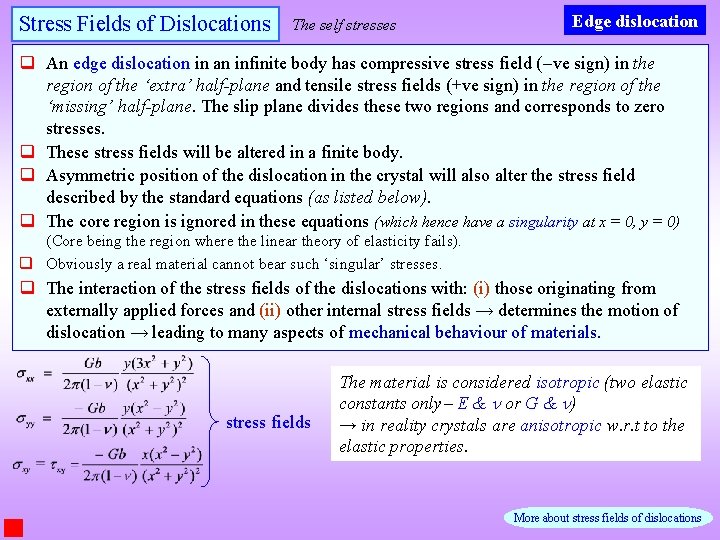 Stress Fields of Dislocations The self stresses Edge dislocation q An edge dislocation in