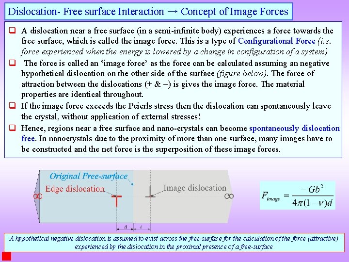 Dislocation- Free surface Interaction → Concept of Image Forces q A dislocation near a