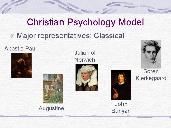 Christian Psychology Model Major representatives: Classical Apostle Paul Julian of Norwich Soren Kierkegaard Augustine