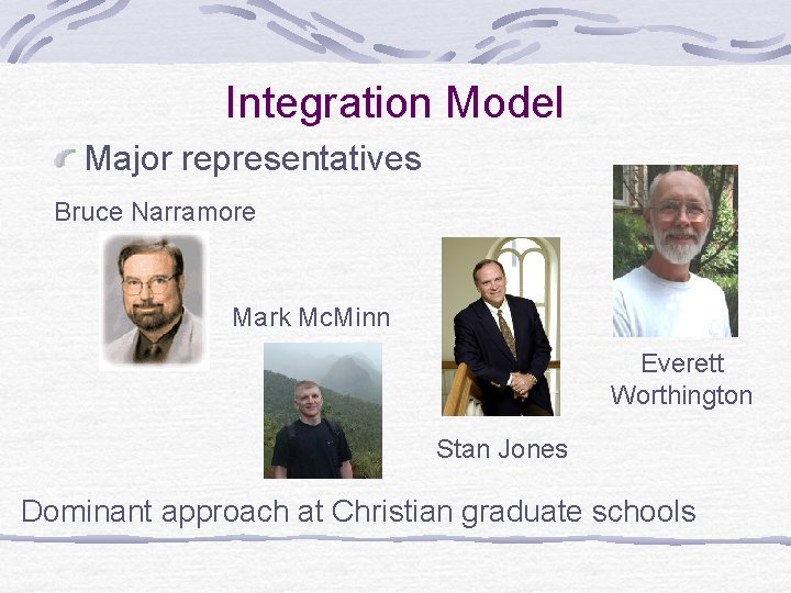 Integration Model Major representatives Bruce Narramore Mark Mc. Minn Everett Worthington Stan Jones Dominant