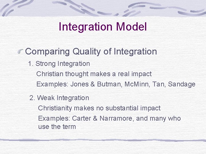 Integration Model Comparing Quality of Integration 1. Strong Integration Christian thought makes a real