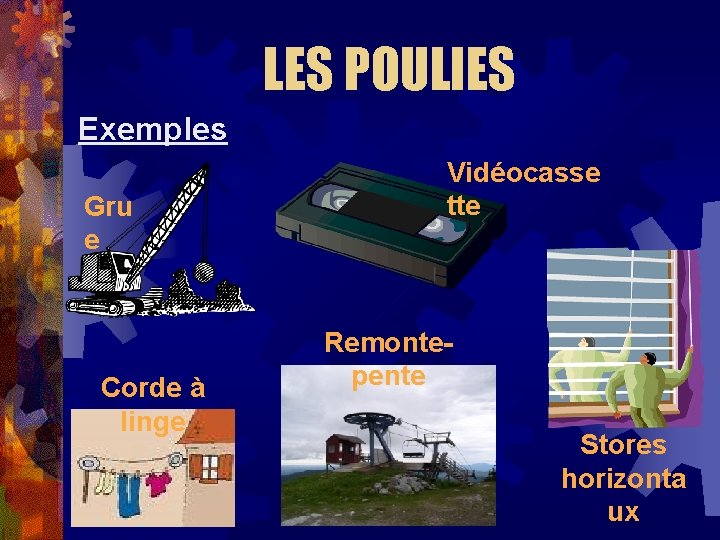 LES POULIES Exemples Gru e Corde à linge Vidéocasse tte Remontepente Stores horizonta ux LES POULIES Exemples Gru e Corde à linge Vidéocasse tte Remontepente Stores horizonta ux
