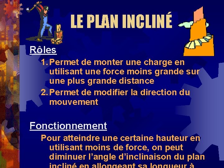 LE PLAN INCLINÉ Rôles 1. Permet de monter une charge en utilisant une force LE PLAN INCLINÉ Rôles 1. Permet de monter une charge en utilisant une force