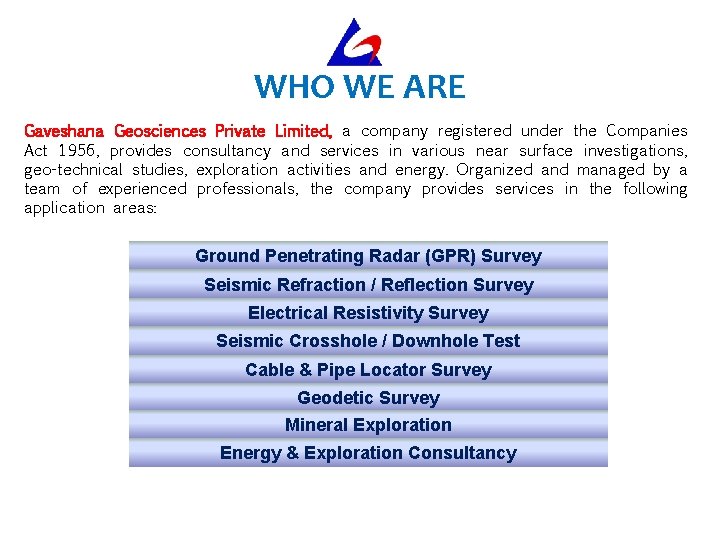WHO WE ARE Gaveshana Geosciences Private Limited, a company registered under the Companies Act