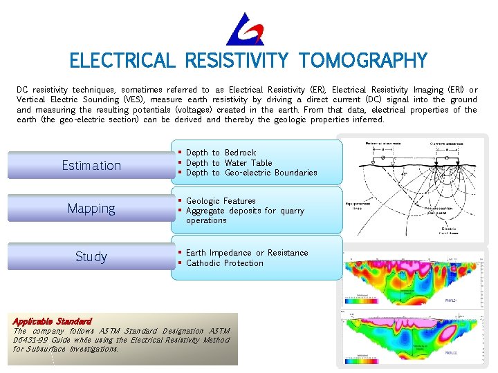 ELECTRICAL RESISTIVITY TOMOGRAPHY DC resistivity techniques, sometimes referred to as Electrical Resistivity (ER), Electrical