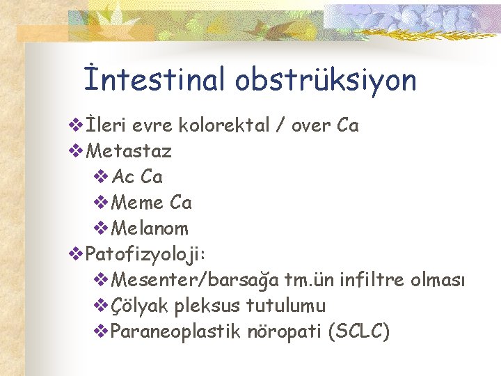 İntestinal obstrüksiyon vİleri evre kolorektal / over Ca v. Metastaz v. Ac Ca v.