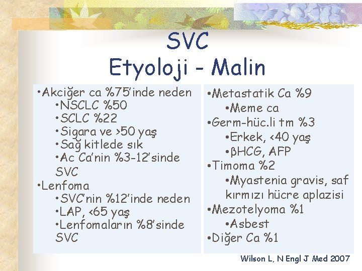 SVC Etyoloji - Malin • Akciğer ca %75’inde neden • NSCLC %50 • SCLC