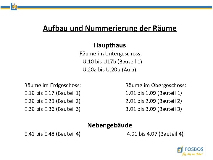 Aufbau und Nummerierung der Räume Haupthaus Räume im Untergeschoss: U. 10 bis U 17